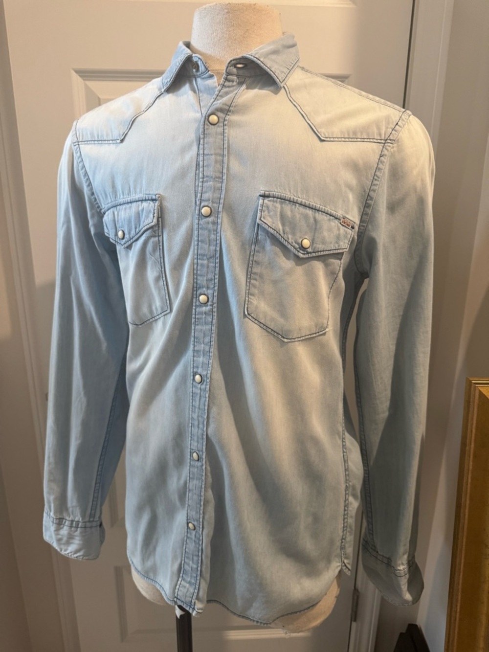 Jack and Jones Pale Blue Denim Snap Front Western Shirt Size Medium